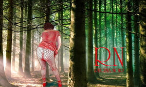 Pin-up Lady Posing In The Forest. She Shows Her Tits And Pussy. Mesh Tights. Special Effect.