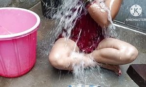 Indian Housewife Bathing With